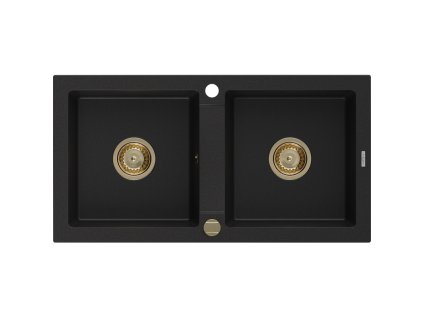 Granitový drez Mexen Mario s 2 misami, 820 x 436 mm, čierny, zlatý sifón - 6504822000-77-G