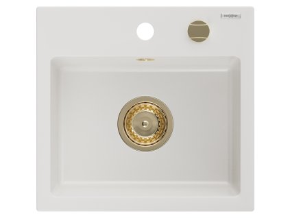 Granitový drez Mexen Milo s 1 misou 435 x 410 mm, biely, zlatý sifón - 6505441000-20-G