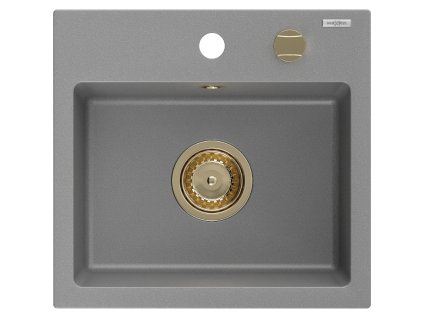 Granitový drez Mexen Milo s 1 misou 435 x 410 mm, sivý, zlatý sifón - 6505441000-71-G