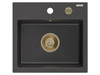 Granitový drez Mexen Milo s 1 misou 435 x 410 mm, čierny bodkovaný, zlatý sifón - 6505441000-76-G