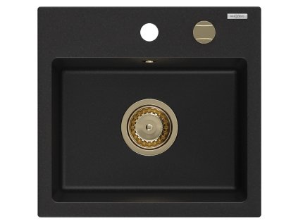 Granitový drez Mexen Milo s 1 misou 435 x 410 mm, čierny, zlatý sifón - 6505441000-77-G