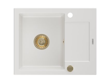 Mexen Enzo 1-komorový granitový drez s odkapávačom 576 x 465 mm, biely, zlatý sifón - 6506571005-20-G