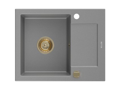Granitový drez Mexen Enzo s 1 misou a odkapávačom 576 x 465 mm, sivý, zlatý sifón - 6506571005-71-G