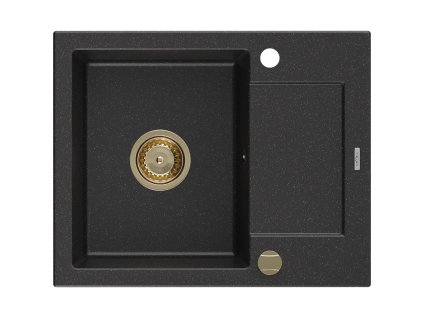 Granitový drez Mexen Enzo s 1 misou a odkapávačom 576 x 465 mm, čierna/strieborná metalíza, zlatý sifón - 6506571005-73-G