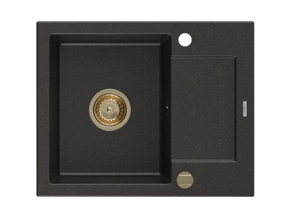 Granitový drez Mexen Enzo s 1 misou a odkapávačom 576 x 465 mm, čierna/zlatá metalíza, zlatý sifón - 6506571005-75-G