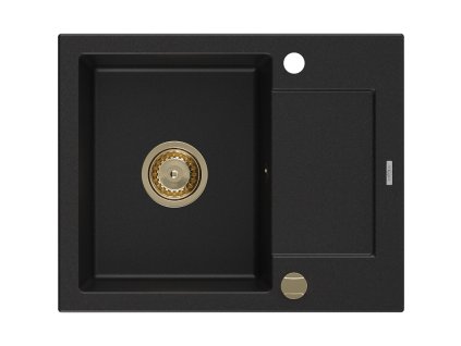 Granitový drez Mexen Enzo s 1 misou a odkapávačom 576 x 465 mm, čierny, zlatý sifón - 6506571005-77-G