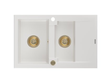 Granitový drez Mexen Gaspar s 1,5 miskou a odkapávačom 737 x 475 mm, biely, zlatý sifón - 6507731505-20-G