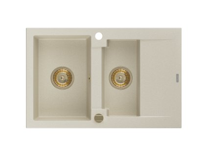 Granitový drez Mexen Gaspar s 1,5 miskou a odkapávačom 737 x 475 mm, béžový, zlatý sifón - 6507731505-69-G
