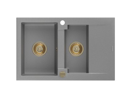 Granitový drez Mexen Gaspar s 1,5 miskou a odkapávačom 737 x 475 mm, sivý, zlatý sifón - 6507731505-71-G