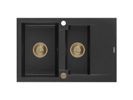Granitový drez Mexen Gaspar s 1,5 miskou a odkapávačom 737 x 475 mm, čierna/strieborná metalíza, zlatý sifón - 6507731505-73-G