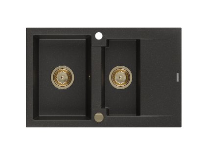 Granitový drez Mexen Gaspar s 1,5 miskou a odkapávačom 737 x 475 mm, čierna/zlatá metalíza, zlatý sifón - 6507731505-75-G