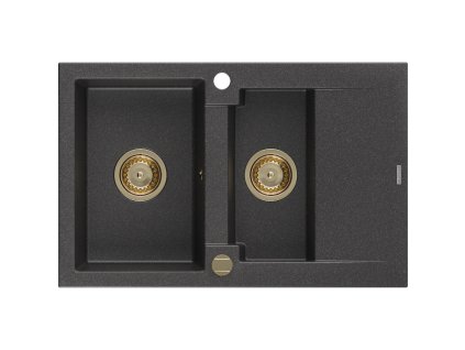Granitový drez Mexen Gaspar s 1,5 miskou a odkapávačom 737 x 475 mm, čierny bodkovaný, zlatý sifón - 6507731505-76-G
