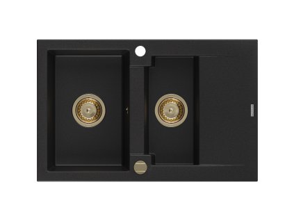 Granitový drez Mexen Gaspar s 1,5 miskou a odkapávačom 737 x 475 mm, čierny, zlatý sifón - 6507731505-77-G