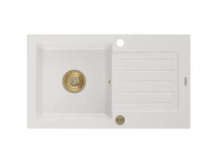 Mexen Pablo 1-komorový granitový drez s odkapávačom 752 x 436 mm, biely, zlatý sifón - 6510751010-20-G