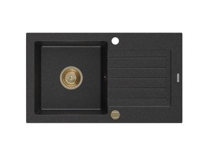Granitový drez Mexen Pablo s 1 misou a odkapávačom 752 x 436 mm, čierna/strieborná metalíza, zlatý sifón - 6510751010-73-G
