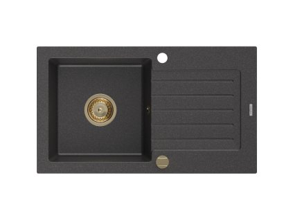Granitový drez Mexen Pablo s 1 misou a odkapávačom 752 x 436 mm, čierny bodkovaný, zlatý sifón - 6510751010-76-G