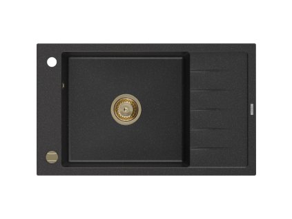 Granitový drez Mexen Elias s 1 misou a odkapávačom 795 x 480 mm, čierna/strieborná metalíza, zlatý sifón - 6511791005-73-G
