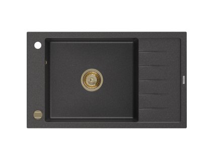 Granitový drez Mexen Elias s 1 misou a odkapávačom 795 x 480 mm, čierny bodkovaný, zlatý sifón - 6511791005-76-G