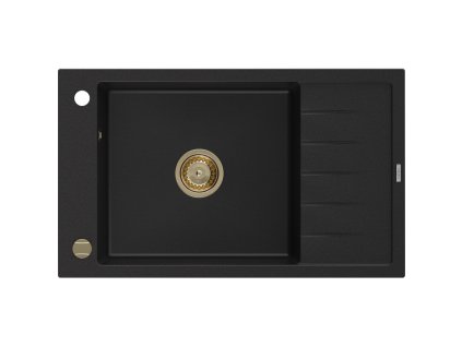 Granitový drez Mexen Elias s 1 misou a odkapávačom 795 x 480 mm, čierny, zlatý sifón - 6511791005-77-G