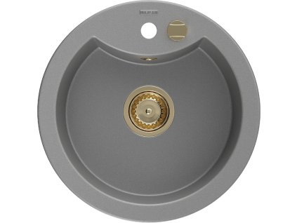 Granitový drez Mexen Diego s 1 misou 488 x 480 mm, sivý, zlatý sifón - 6512481000-71-G