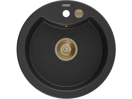 Granitový drez Mexen Diego s 1 misou 488 x 480 mm, čierna/strieborná metalíza, zlatý sifón - 6512481000-73-G