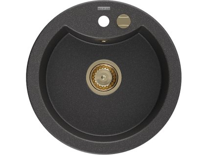 Granitový drez Mexen Diego s 1 misou 488 x 480 mm, čierny bodkovaný, zlatý sifón - 6512481000-76-G