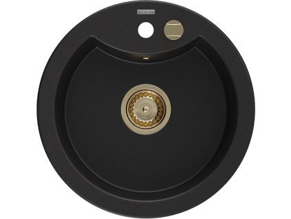 Granitový drez Mexen Diego s 1 misou 488 x 480 mm, čierny, zlatý sifón - 6512481000-77-G