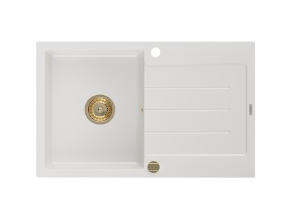 Granitový drez Mexen Bruno s 1 misou a odkapávačom 795 x 495 mm, biely, zlatý sifón - 6513791010-20-G
