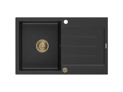 Granitový drez Mexen Bruno s 1 misou a odkapávačom 795 x 495 mm, čierna/strieborná metalíza, zlatý sifón - 6513791010-73-G