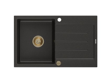 Granitový drez Mexen Bruno s 1 misou a odkapávačom 795 x 495 mm, čierna/zlatá metalíza, zlatý sifón - 6513791010-75-G