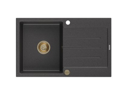 Granitový drez Mexen Bruno s 1 misou a odkapávačom 795 x 495 mm, čierny bodkovaný, zlatý sifón - 6513791010-76-G