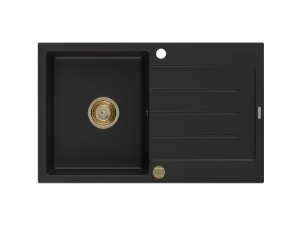 Granitový drez Mexen Bruno s 1 misou a odkapávačom 795 x 495 mm, čierny, zlatý sifón - 6513791010-77-G