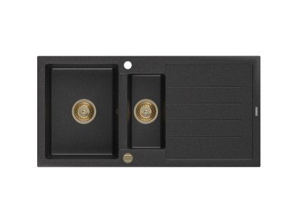 Granitový drez Mexen Andres s 1,5 miskou a odkapávačom 1000 x 500 mm čierny/strieborný metalický, zlatý sifón - 6515101510-73-G