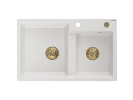 Mexen Tomas 2-komorový granitový drez 800 x 500 mm, biely, zlatý sifón - 6516802000-20-G
