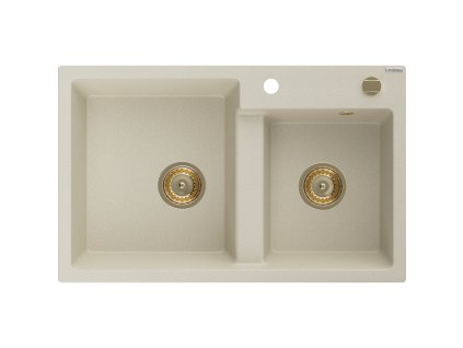Granitový drez Mexen Tomas s 2 misami 800 x 500 mm, béžový, zlatý sifón - 6516802000-69-G