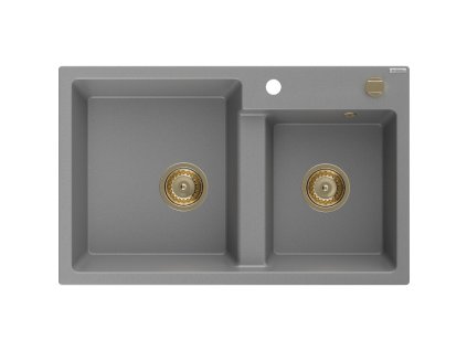 Granitový drez Mexen Tomas s 2 misami 800 x 500 mm, sivý, zlatý sifón - 6516802000-71-G