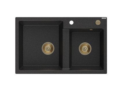 Granitový drez Mexen Tomas s 2 misami 800 x 500 mm, čierna/strieborná metalíza, zlatý sifón - 6516802000-73-G