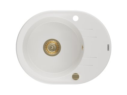 Granitový drez Mexen Kevin s 1 misou a odkapávačom 586 x 458 mm, biely, zlatý sifón - 6517581005-20-G