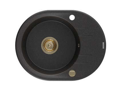 Granitový drez Mexen Kevin s 1 misou a odkapávačom 586 x 458 mm, čierna/strieborná metalíza, zlatý sifón - 6517581005-73-G