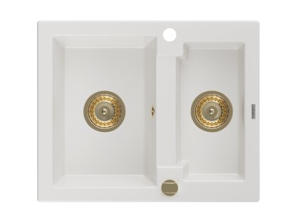 Granitový drez Mexen Carlos s 1,5 misou 582 x 475 mm, biely, zlatý sifón - 6518581500-20-G