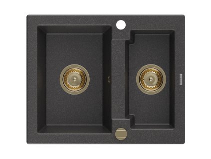 Granitový drez Mexen Carlos s 1,5 misky 582 x 475 mm, čierny bodkovaný, zlatý sifón - 6518581500-76-G