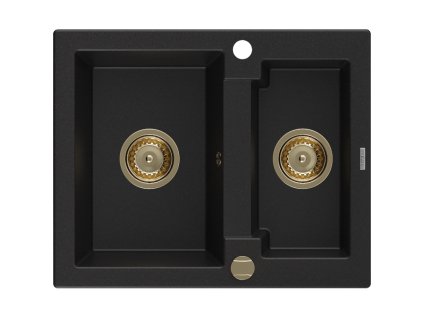 Granitový drez Mexen Carlos s 1,5 misky 582 x 475 mm, čierny, zlatý sifón - 6518581500-77-G