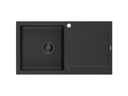 Granitový drez Mexen Leo s 1 misou a odkapávačom 900 x 500 mm, čierna/strieborná metalíza, čierny sifón - 6501901010-73-B