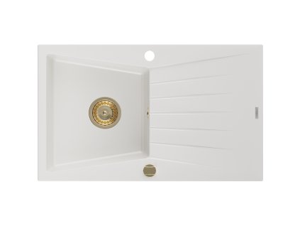 Granitový drez Mexen Cesar s 1 misou a odkapávačom 775 x 470 mm, biely, zlatý sifón - 6514771010-20-G