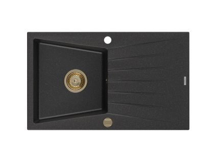 Granitový drez Mexen Cesar s 1 misou a odkapávačom 775 x 470 mm, čierna/strieborná metalíza, zlatý sifón - 6514771010-73-G