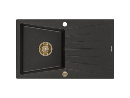 Granitový drez Mexen Cesar s 1 misou a odkapávačom 775 x 470 mm, čierna/zlatá metalíza, zlatý sifón - 6514771010-75-G