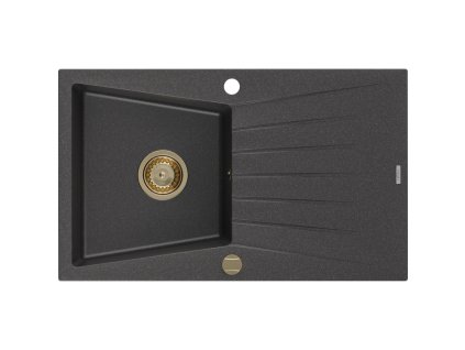 Granitový drez Mexen Cesar s 1 misou a odkapávačom 775 x 470 mm, čierny bodkovaný, zlatý sifón - 6514771010-76-G