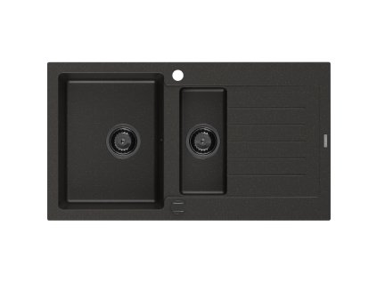 Granitový drez Mexen Matias s 1,5 miskou a odkapávačom 900 x 505 mm, čierna/zlatá metalíza, čierny sifón - 6502901505-75-B