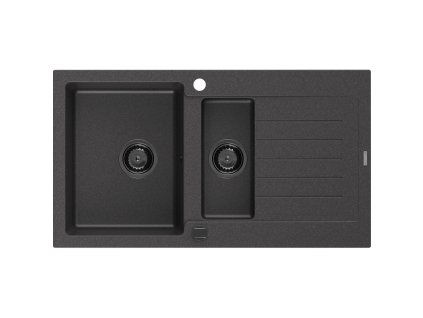 Granitový drez Mexen Matias s 1,5 miskou a odkapávačom 900 x 505 mm, čierny bodkovaný, čierny sifón - 6502901505-76-B