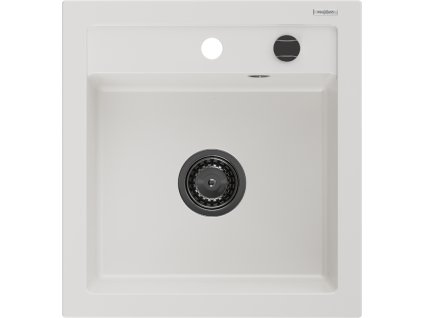 Granitový drez Mexen Vito s 1 misou, 520 x 490 mm, biely, čierny sifón - 6503521000-20-B